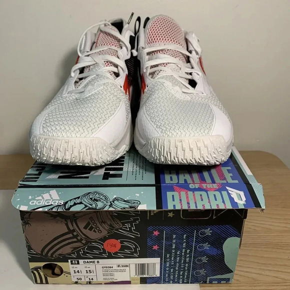 1406. Adidas Dame 8-White/VividRed/Black-US 14.5 Mens - Picture 2 of 4